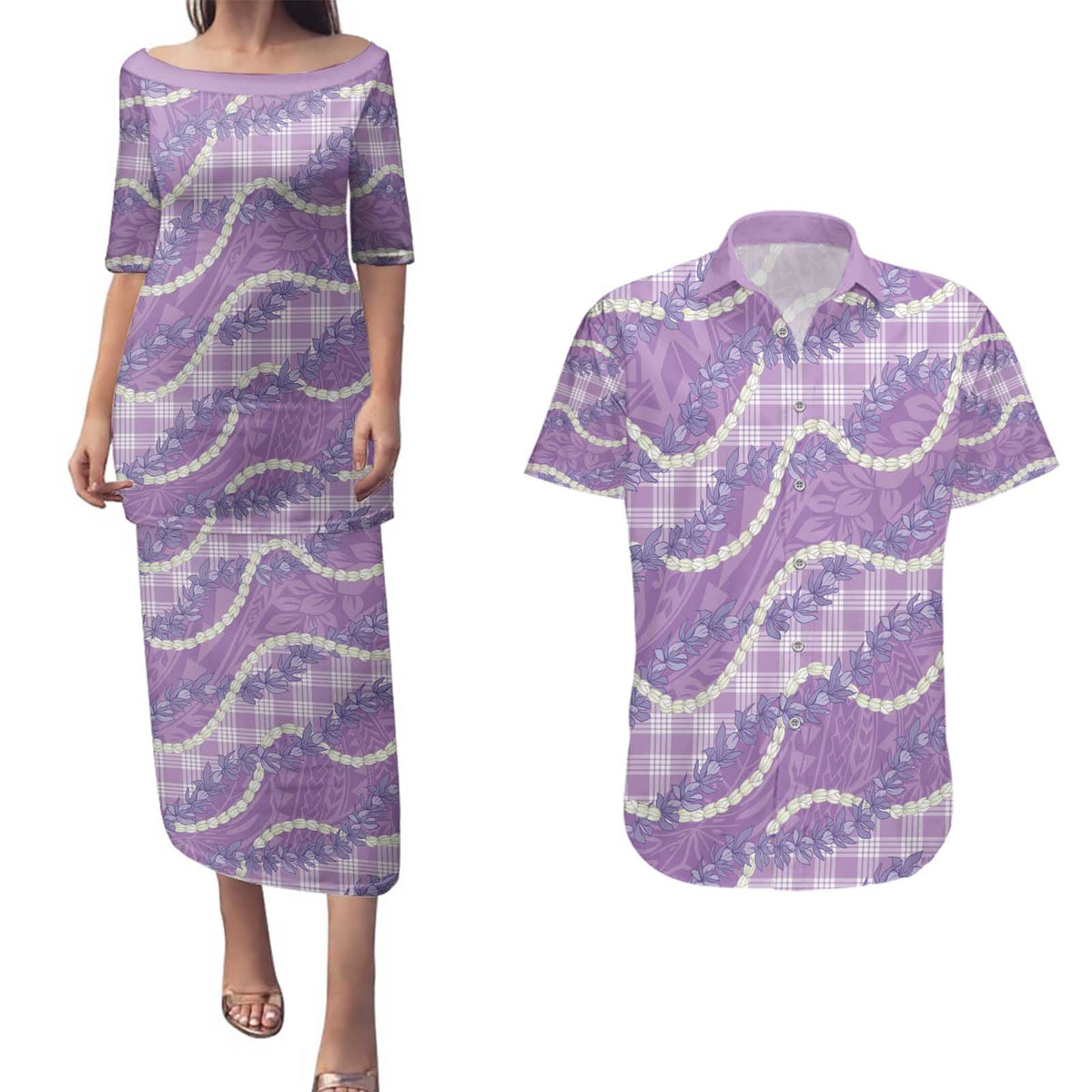 Purple Hawaii Palaka Honohono Pikake Couples Matching Puletasi and Hawaiian Shirt Hawaiian Orchid Lei Polynesian Pattern - Polynesian Pride