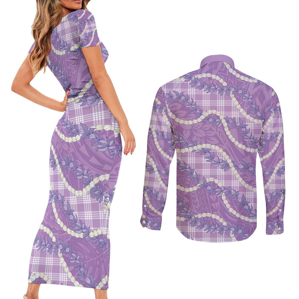 Purple Hawaii Palaka Honohono Pikake Couples Matching Short Sleeve Bodycon Dress and Long Sleeve Button Shirt Hawaiian Orchid Lei Polynesian Pattern - Polynesian Pride