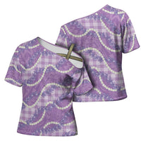 Purple Hawaii Palaka Honohono Pikake Cross Shoulder Shirt Hawaiian Orchid Lei Polynesian Pattern - Polynesian Pride