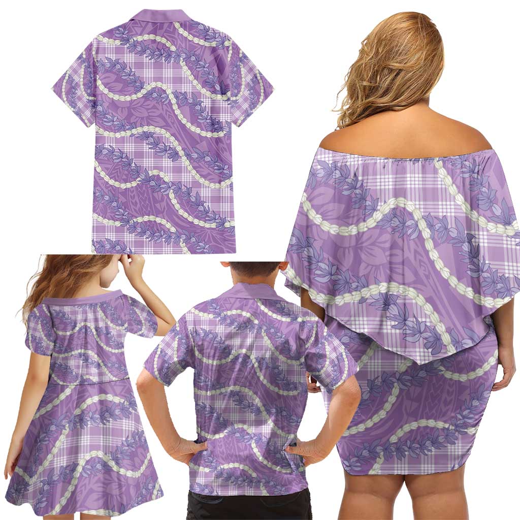 Purple Hawaii Palaka Honohono Pikake Family Matching Off Shoulder Short Dress and Hawaiian Shirt Hawaiian Orchid Lei Polynesian Pattern - Polynesian Pride
