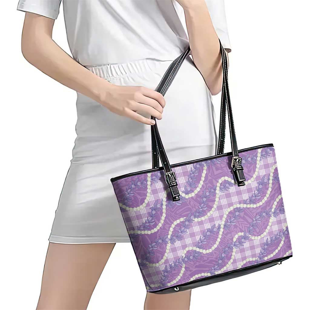 Purple Hawaii Palaka Honohono Pikake Leather Tote Bag Hawaiian Orchid Lei Polynesian Pattern - Polynesian Pride