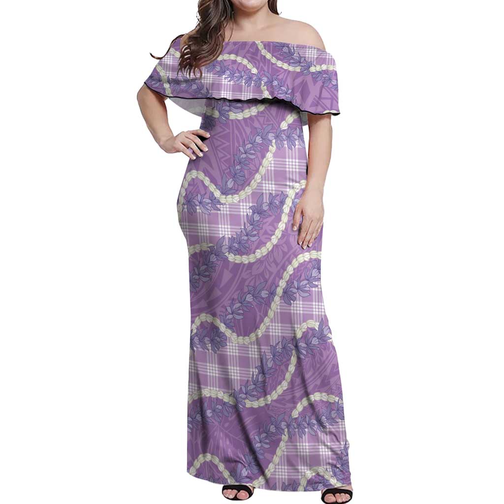 Purple Hawaii Palaka Honohono Pikake Off Shoulder Maxi Dress Hawaiian Orchid Lei Polynesian Pattern - Polynesian Pride