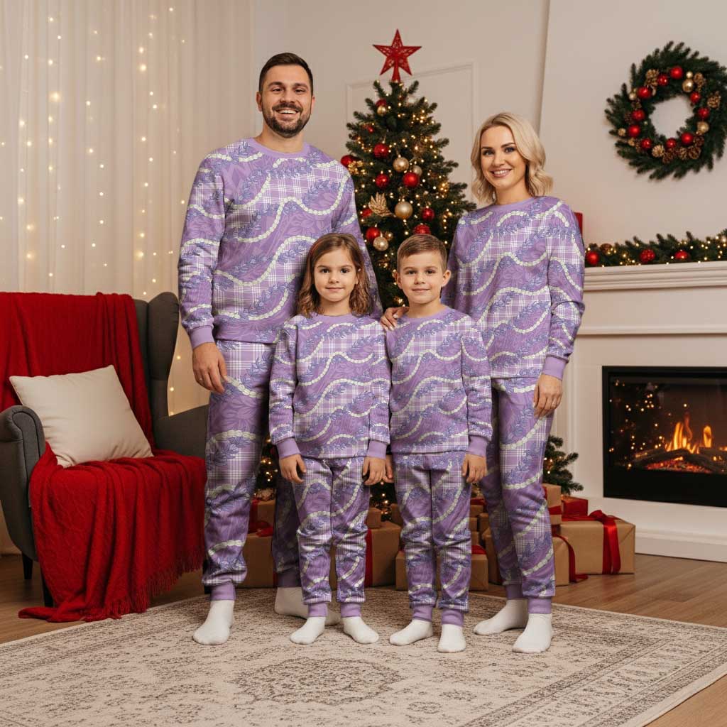 Purple Hawaii Palaka Honohono Pikake Christmas Pajama Set Hawaiian Orchid Lei Polynesian Pattern - Polynesian Pride
