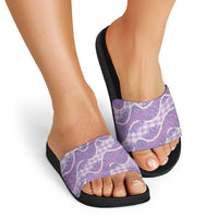 Purple Hawaii Palaka Honohono Pikake Slide Sandals Hawaiian Orchid Lei Polynesian Pattern - Polynesian Pride