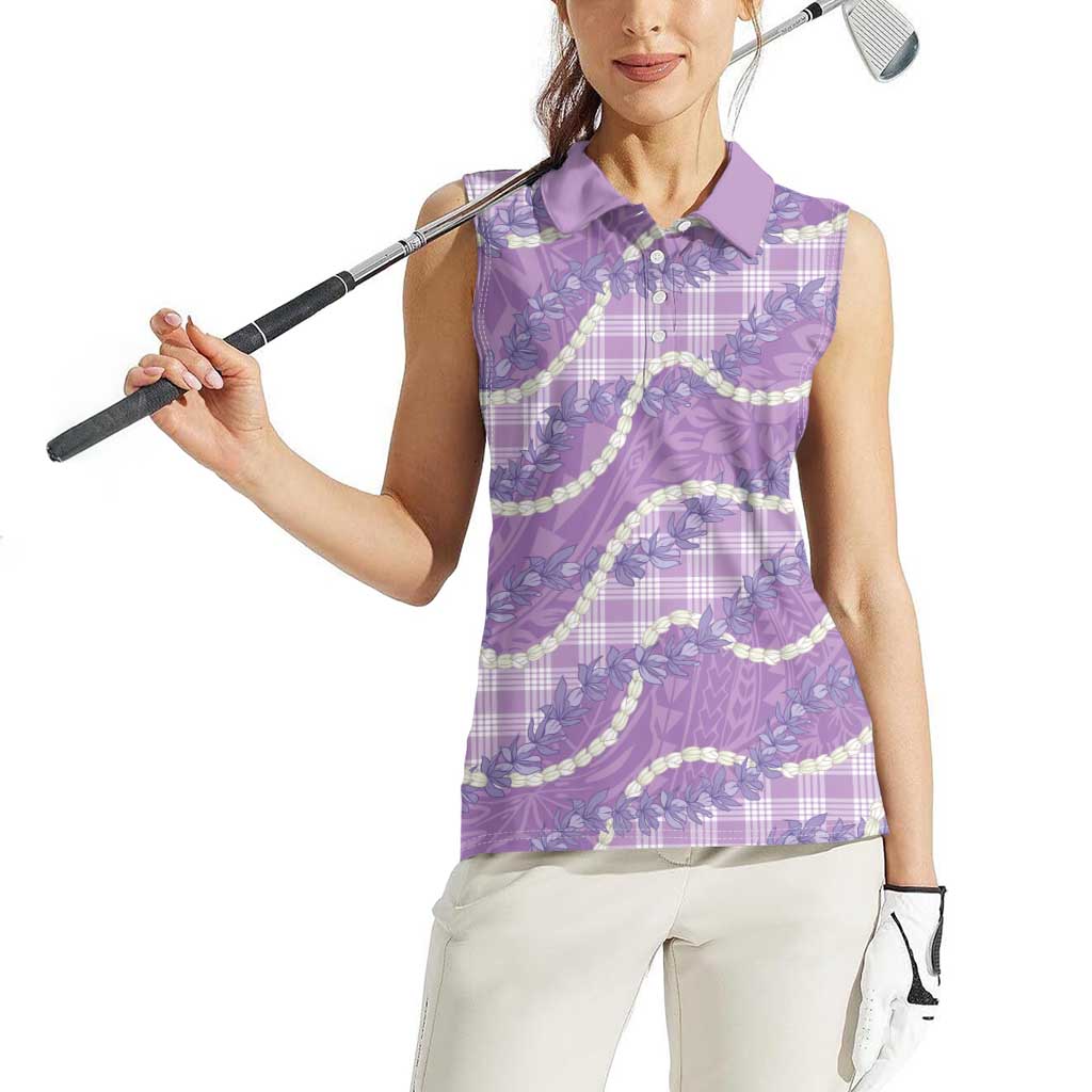 Purple Hawaii Palaka Honohono Pikake Women Sleeveless Polo Shirt Hawaiian Orchid Lei Polynesian Pattern - Polynesian Pride