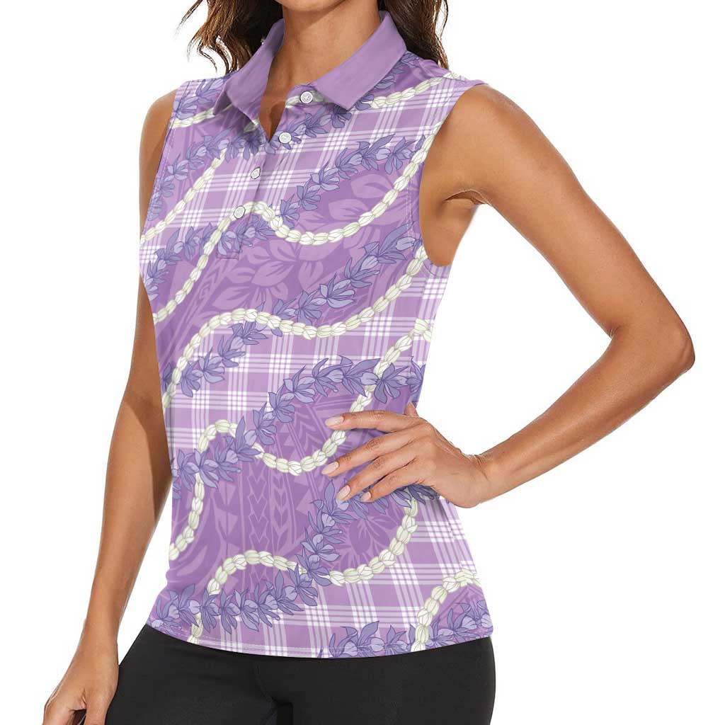 Purple Hawaii Palaka Honohono Pikake Women Sleeveless Polo Shirt Hawaiian Orchid Lei Polynesian Pattern - Polynesian Pride