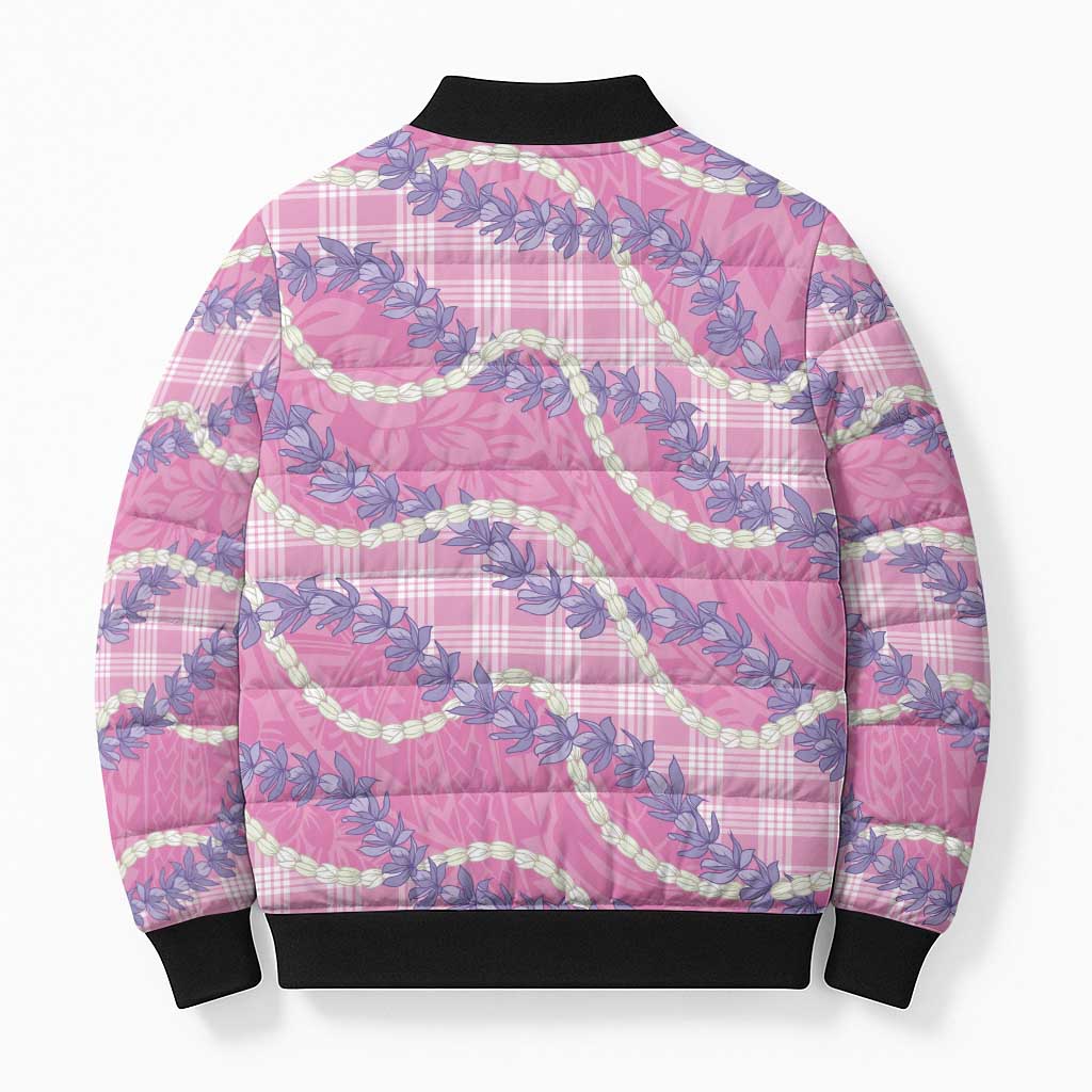 Pink Hawaii Palaka Honohono Pikake Bomber Puffer Jacket Hawaiian Orchid Lei Polynesian Pattern - Polynesian Pride