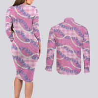 Pink Hawaii Palaka Honohono Pikake Couples Matching Long Sleeve Bodycon Dress and Long Sleeve Button Shirt Hawaiian Orchid Lei Polynesian Pattern - Polynesian Pride