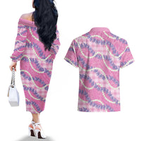 Pink Hawaii Palaka Honohono Pikake Couples Matching Off The Shoulder Long Sleeve Dress and Hawaiian Shirt Hawaiian Orchid Lei Polynesian Pattern LT14 - Polynesian Pride