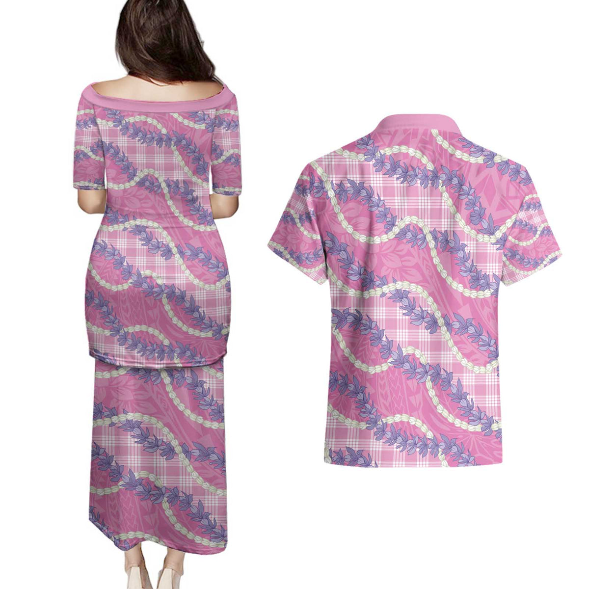 Pink Hawaii Palaka Honohono Pikake Couples Matching Puletasi and Hawaiian Shirt Hawaiian Orchid Lei Polynesian Pattern - Polynesian Pride