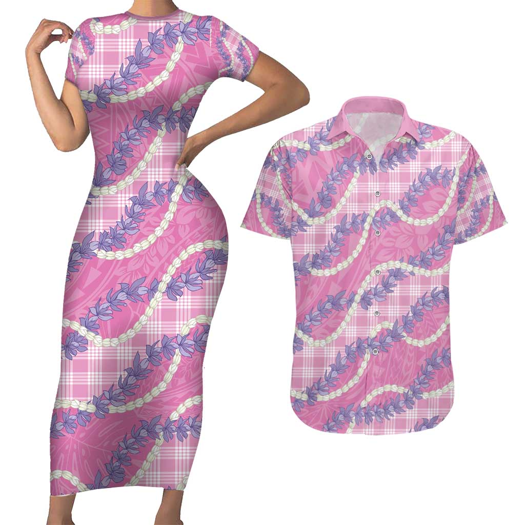 Pink Hawaii Palaka Honohono Pikake Couples Matching Short Sleeve Bodycon Dress and Hawaiian Shirt Hawaiian Orchid Lei Polynesian Pattern - Polynesian Pride