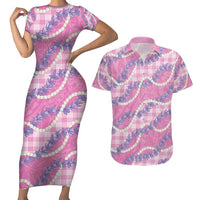 Pink Hawaii Palaka Honohono Pikake Couples Matching Short Sleeve Bodycon Dress and Hawaiian Shirt Hawaiian Orchid Lei Polynesian Pattern - Polynesian Pride