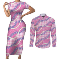 Pink Hawaii Palaka Honohono Pikake Couples Matching Short Sleeve Bodycon Dress and Long Sleeve Button Shirt Hawaiian Orchid Lei Polynesian Pattern - Polynesian Pride