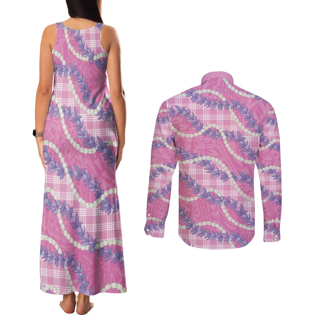 Pink Hawaii Palaka Honohono Pikake Couples Matching Tank Maxi Dress and Long Sleeve Button Shirt Hawaiian Orchid Lei Polynesian Pattern - Polynesian Pride