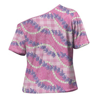 Pink Hawaii Palaka Honohono Pikake Cross Shoulder Shirt Hawaiian Orchid Lei Polynesian Pattern - Polynesian Pride