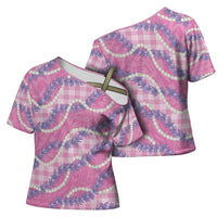 Pink Hawaii Palaka Honohono Pikake Cross Shoulder Shirt Hawaiian Orchid Lei Polynesian Pattern - Polynesian Pride
