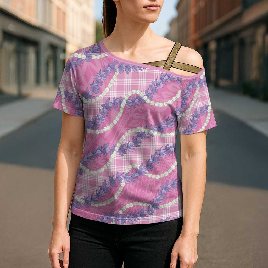 Pink Hawaii Palaka Honohono Pikake Cross Shoulder Shirt Hawaiian Orchid Lei Polynesian Pattern - Polynesian Pride