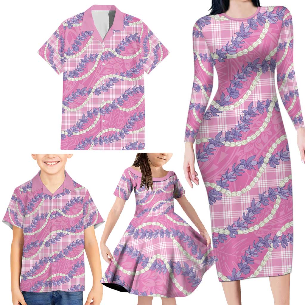 Pink Hawaii Palaka Honohono Pikake Family Matching Long Sleeve Bodycon Dress and Hawaiian Shirt Hawaiian Orchid Lei Polynesian Pattern - Polynesian Pride