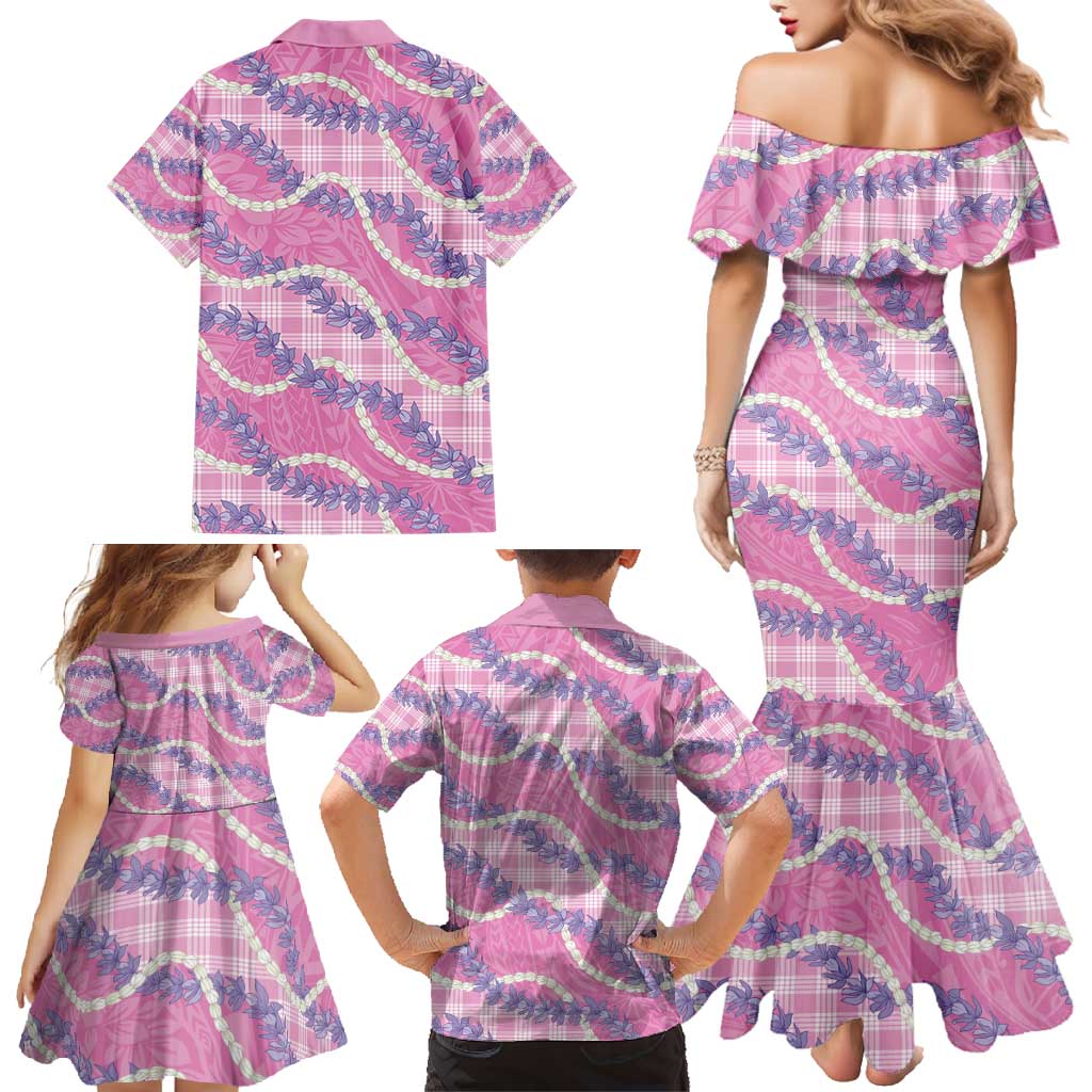 Pink Hawaii Palaka Honohono Pikake Family Matching Mermaid Dress and Hawaiian Shirt Hawaiian Orchid Lei Polynesian Pattern - Polynesian Pride