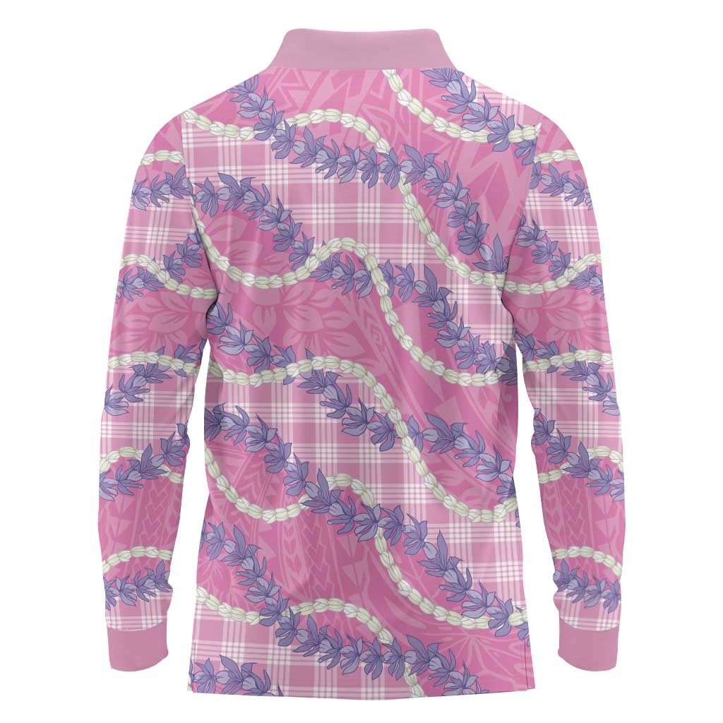 Pink Hawaii Palaka Honohono Pikake Long Sleeve Polo Shirt Hawaiian Orchid Lei Polynesian Pattern - Polynesian Pride