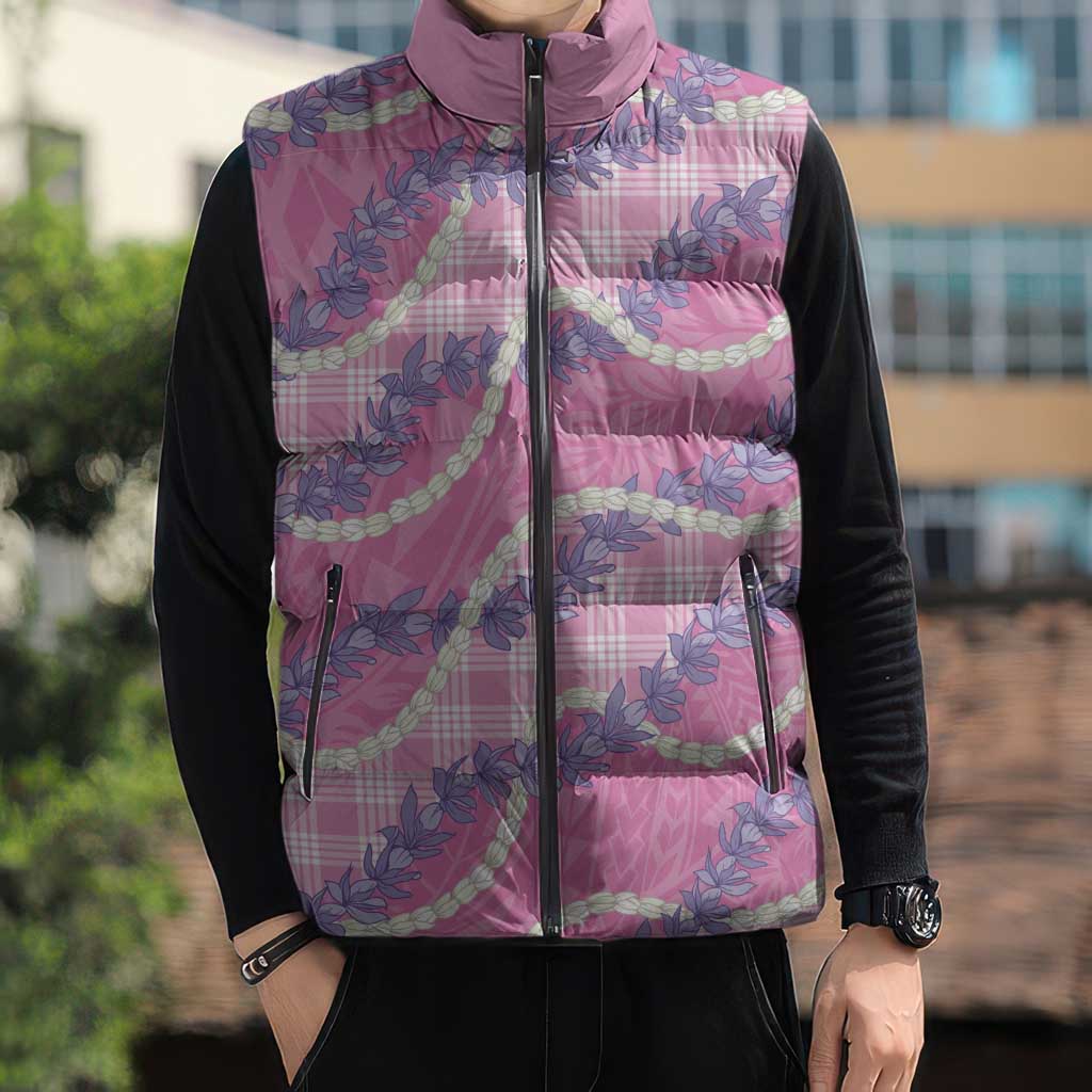 Pink Hawaii Palaka Honohono Pikake Sleeveless Puffer Jacket Hawaiian Orchid Lei Polynesian Pattern - Polynesian Pride