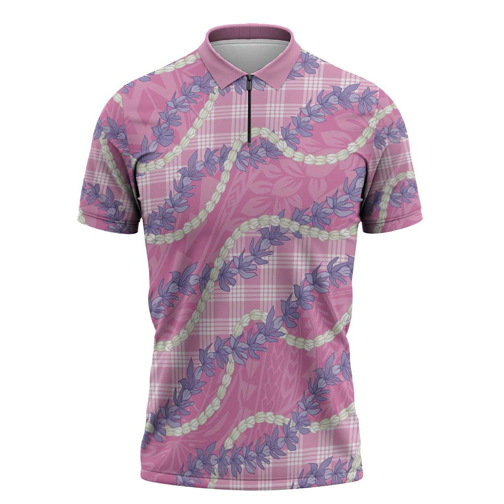 Pink Hawaii Palaka Honohono Pikake Zipper Polo Shirt Hawaiian Orchid Lei Polynesian Pattern - Polynesian Pride