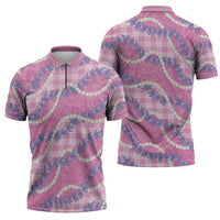 Pink Hawaii Palaka Honohono Pikake Zipper Polo Shirt Hawaiian Orchid Lei Polynesian Pattern - Polynesian Pride