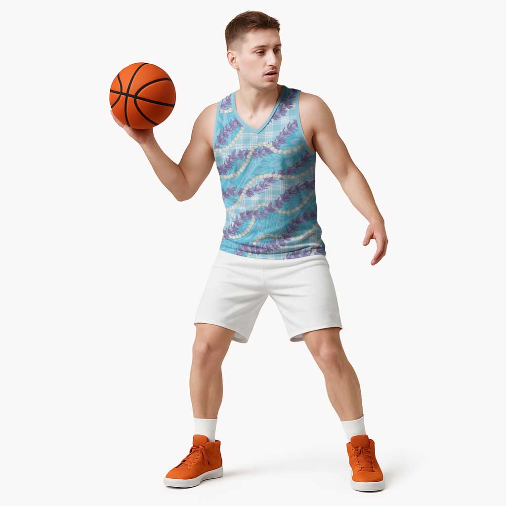 Blue Hawaii Palaka Honohono Pikake Basketball Jersey Hawaiian Orchid Lei Polynesian Pattern - Polynesian Pride
