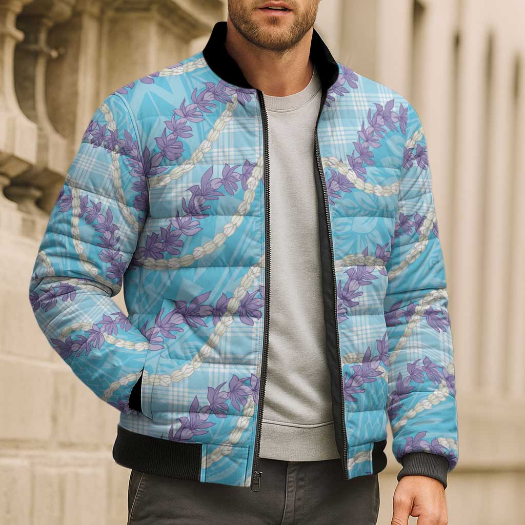 Blue Hawaii Palaka Honohono Pikake Bomber Puffer Jacket Hawaiian Orchid Lei Polynesian Pattern - Polynesian Pride