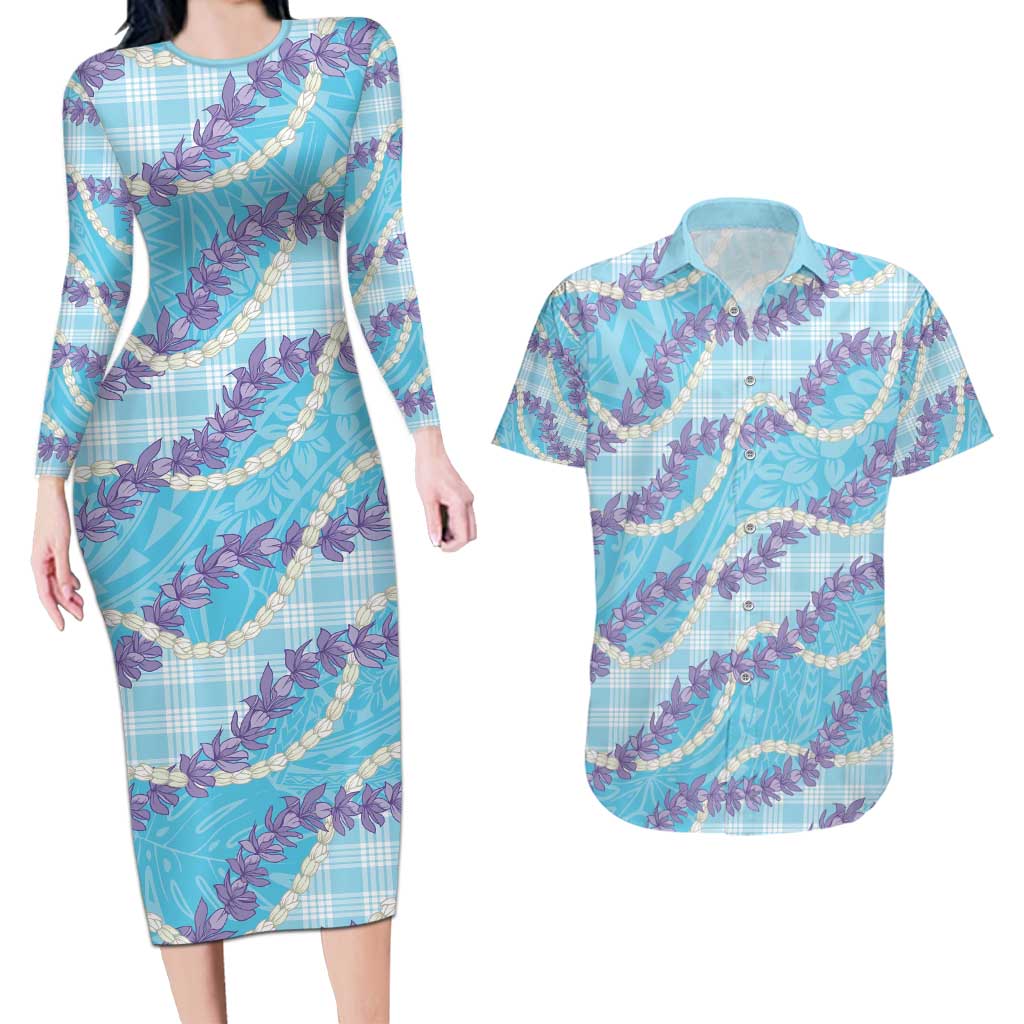 Blue Hawaii Palaka Honohono Pikake Couples Matching Long Sleeve Bodycon Dress and Hawaiian Shirt Hawaiian Orchid Lei Polynesian Pattern - Polynesian Pride