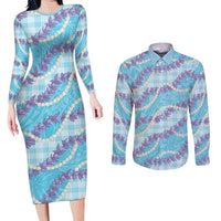 Blue Hawaii Palaka Honohono Pikake Couples Matching Long Sleeve Bodycon Dress and Long Sleeve Button Shirt Hawaiian Orchid Lei Polynesian Pattern - Polynesian Pride