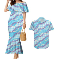 Blue Hawaii Palaka Honohono Pikake Couples Matching Mermaid Dress and Hawaiian Shirt Hawaiian Orchid Lei Polynesian Pattern - Polynesian Pride