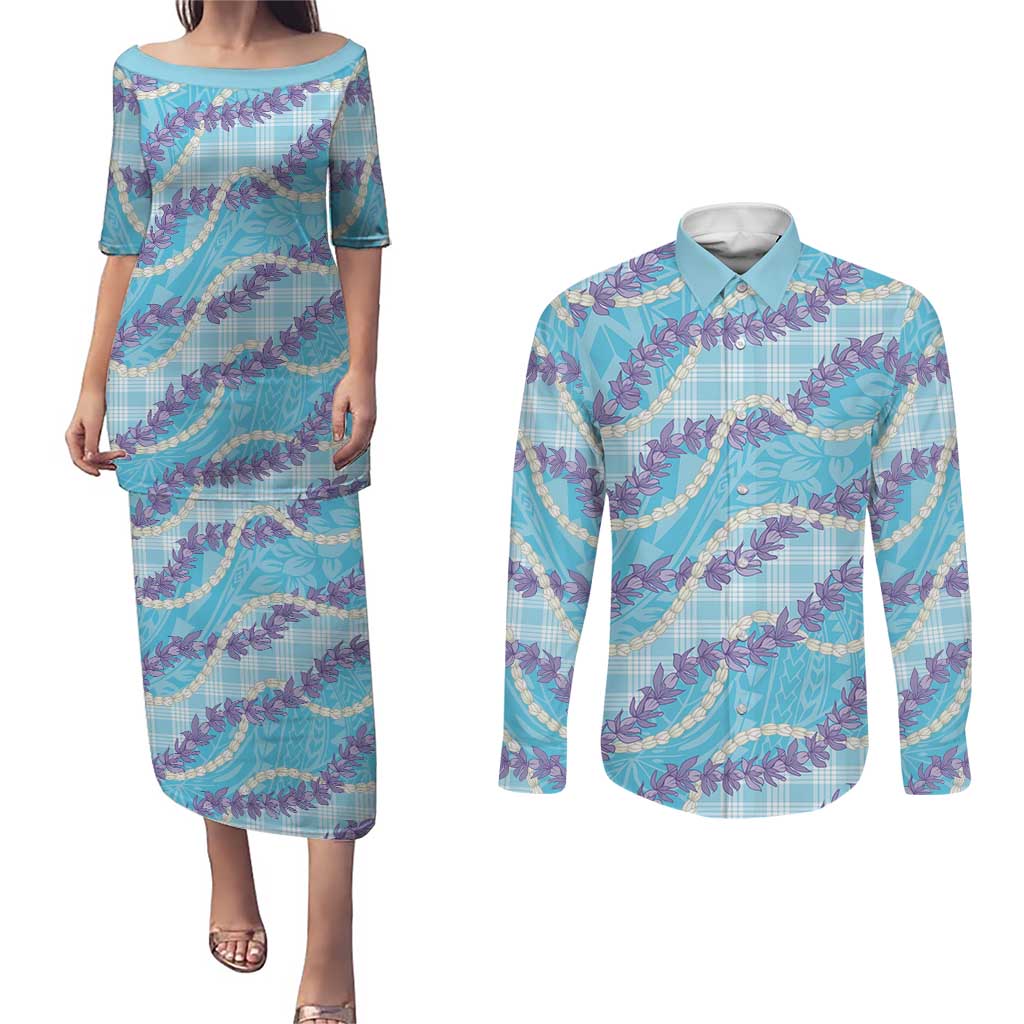 Blue Hawaii Palaka Honohono Pikake Couples Matching Puletasi and Long Sleeve Button Shirt Hawaiian Orchid Lei Polynesian Pattern - Polynesian Pride