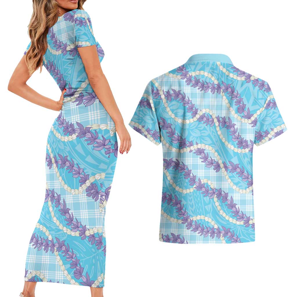 Blue Hawaii Palaka Honohono Pikake Couples Matching Short Sleeve Bodycon Dress and Hawaiian Shirt Hawaiian Orchid Lei Polynesian Pattern LT14 - Polynesian Pride