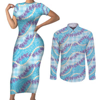 Blue Hawaii Palaka Honohono Pikake Couples Matching Short Sleeve Bodycon Dress and Long Sleeve Button Shirt Hawaiian Orchid Lei Polynesian Pattern - Polynesian Pride