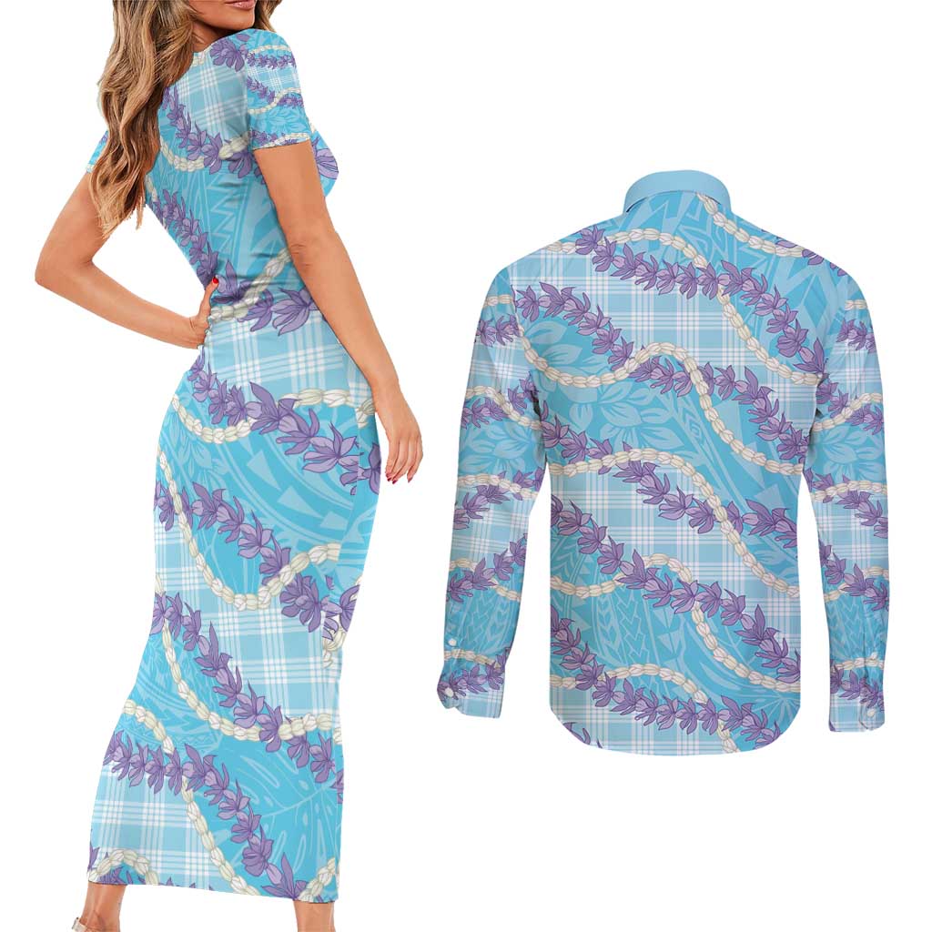 Blue Hawaii Palaka Honohono Pikake Couples Matching Short Sleeve Bodycon Dress and Long Sleeve Button Shirt Hawaiian Orchid Lei Polynesian Pattern - Polynesian Pride