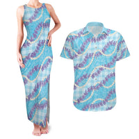 Blue Hawaii Palaka Honohono Pikake Couples Matching Tank Maxi Dress and Hawaiian Shirt Hawaiian Orchid Lei Polynesian Pattern - Polynesian Pride