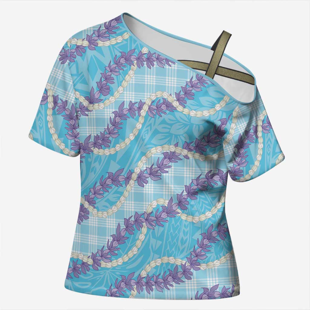 Blue Hawaii Palaka Honohono Pikake Cross Shoulder Shirt Hawaiian Orchid Lei Polynesian Pattern - Polynesian Pride