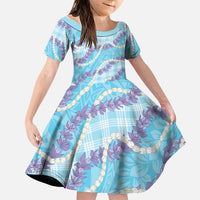 Blue Hawaii Palaka Honohono Pikake Family Matching Off The Shoulder Long Sleeve Dress and Hawaiian Shirt Hawaiian Orchid Lei Polynesian Pattern LT14 Daughter's Dress Blue - Polynesian Pride