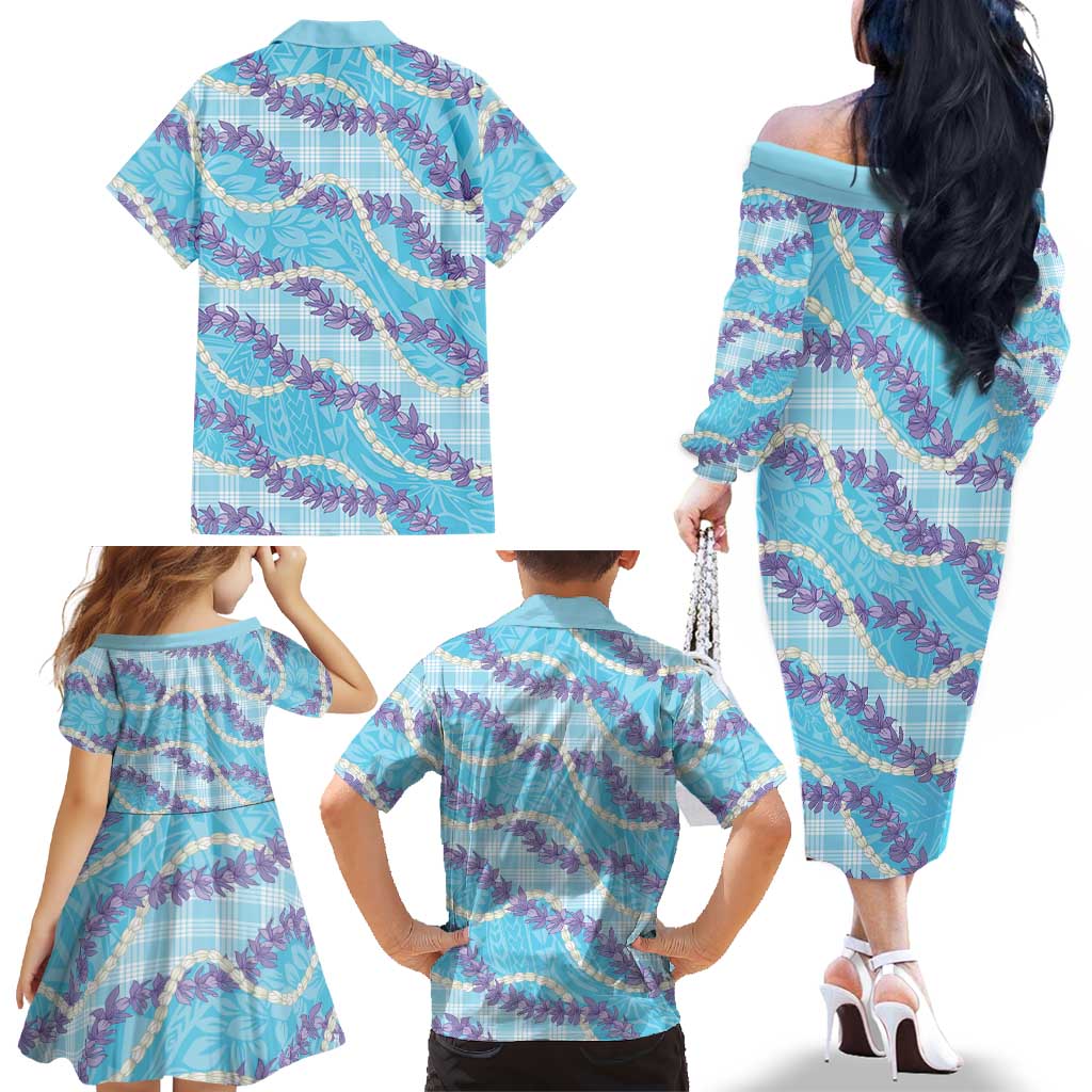 Blue Hawaii Palaka Honohono Pikake Family Matching Off The Shoulder Long Sleeve Dress and Hawaiian Shirt Hawaiian Orchid Lei Polynesian Pattern LT14 - Polynesian Pride
