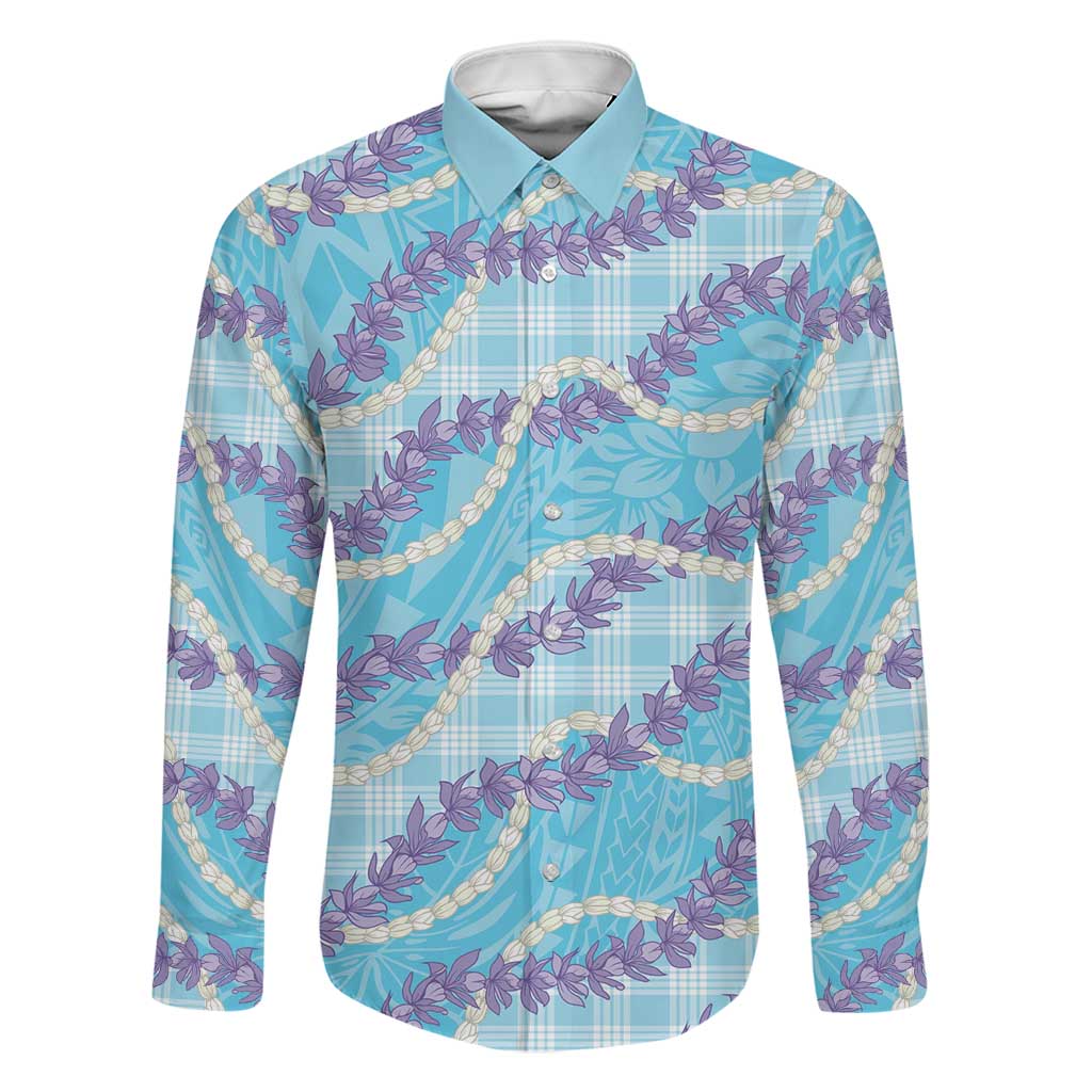 Blue Hawaii Palaka Honohono Pikake Family Matching Off The Shoulder Long Sleeve Dress and Hawaiian Shirt Hawaiian Orchid Lei Polynesian Pattern LT14 Dad's Shirt - Long Sleeve Blue - Polynesian Pride