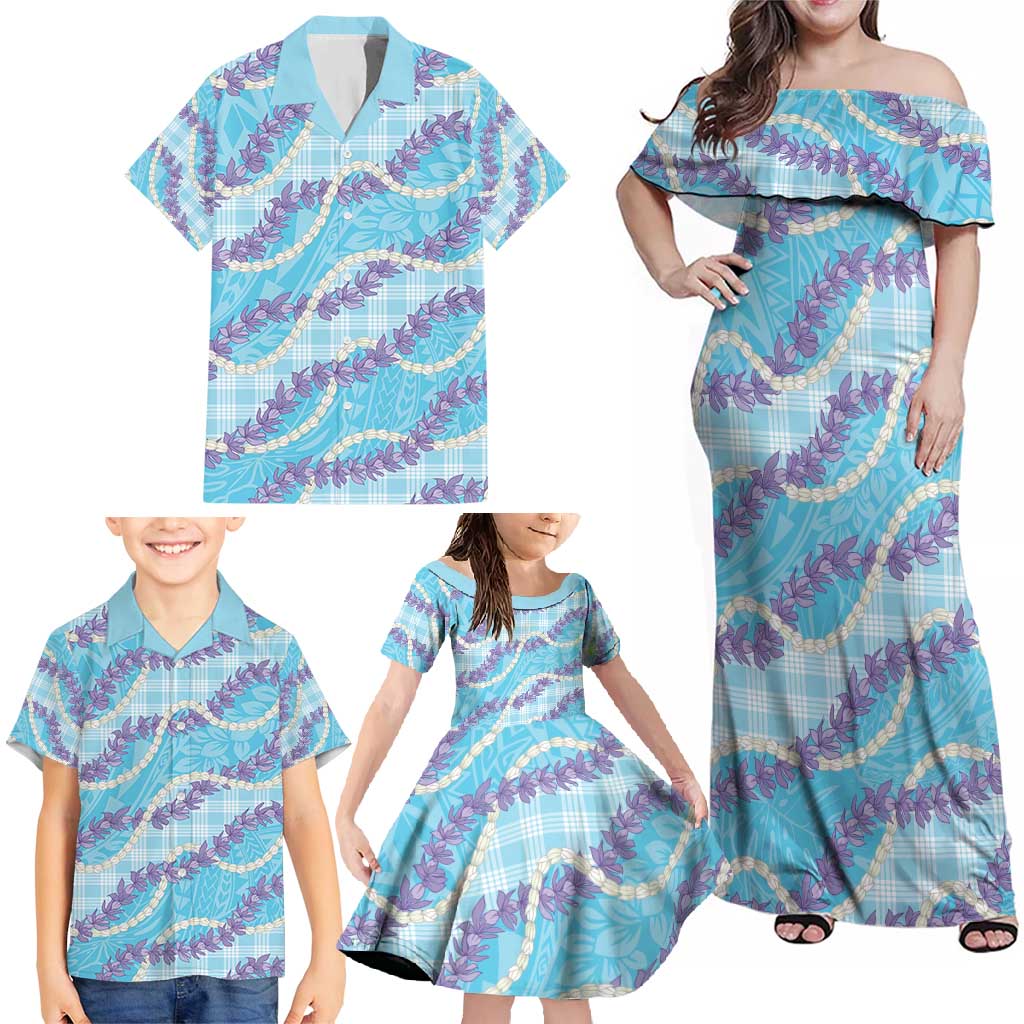 Blue Hawaii Palaka Honohono Pikake Family Matching Off Shoulder Maxi Dress and Hawaiian Shirt Hawaiian Orchid Lei Polynesian Pattern - Polynesian Pride
