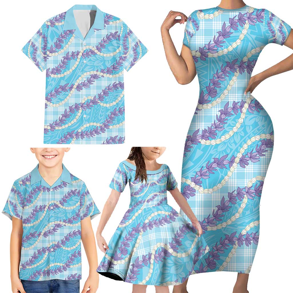 Blue Hawaii Palaka Honohono Pikake Family Matching Short Sleeve Bodycon Dress and Hawaiian Shirt Hawaiian Orchid Lei Polynesian Pattern - Polynesian Pride