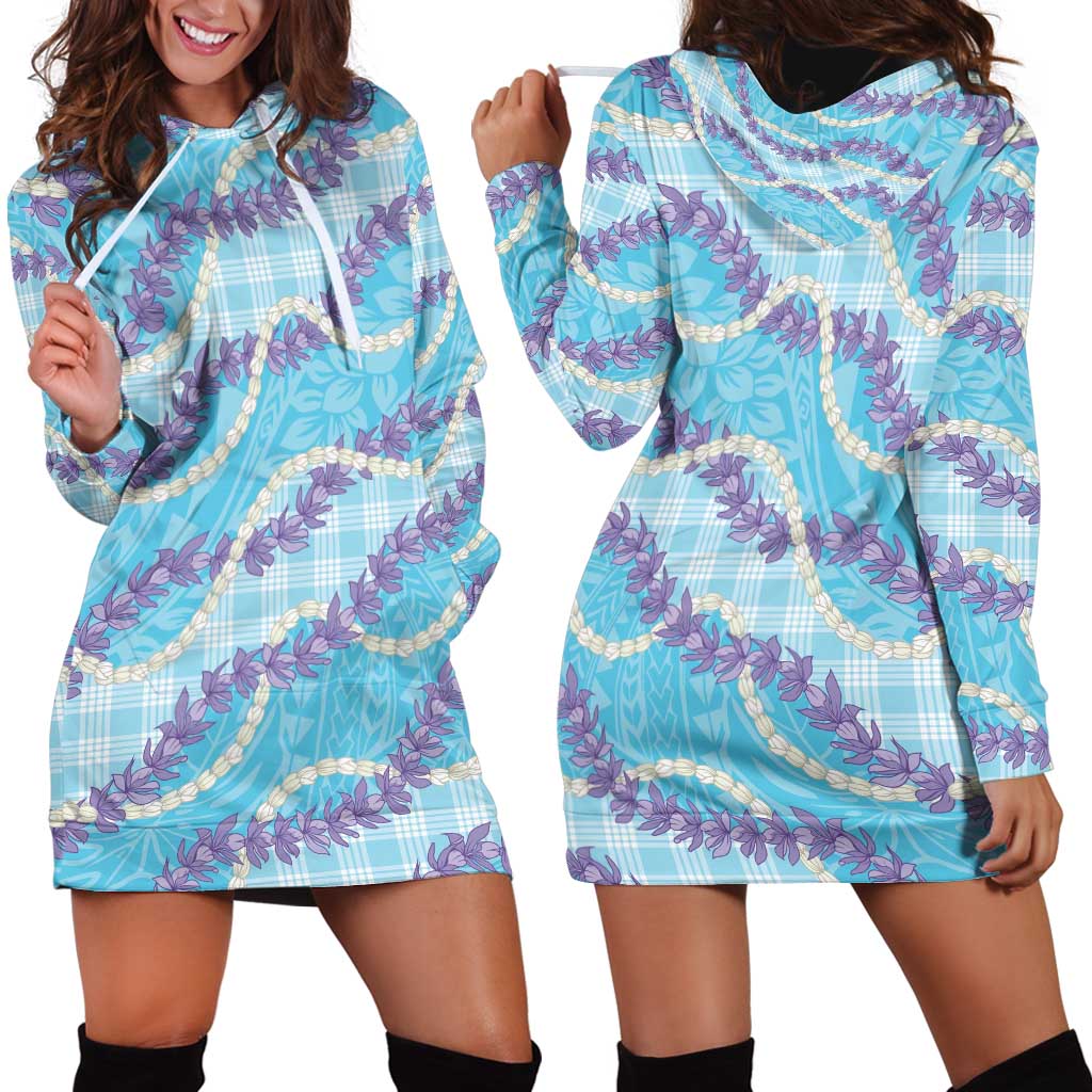 Blue Hawaii Palaka Honohono Pikake Hoodie Dress Hawaiian Orchid Lei Polynesian Pattern - Polynesian Pride