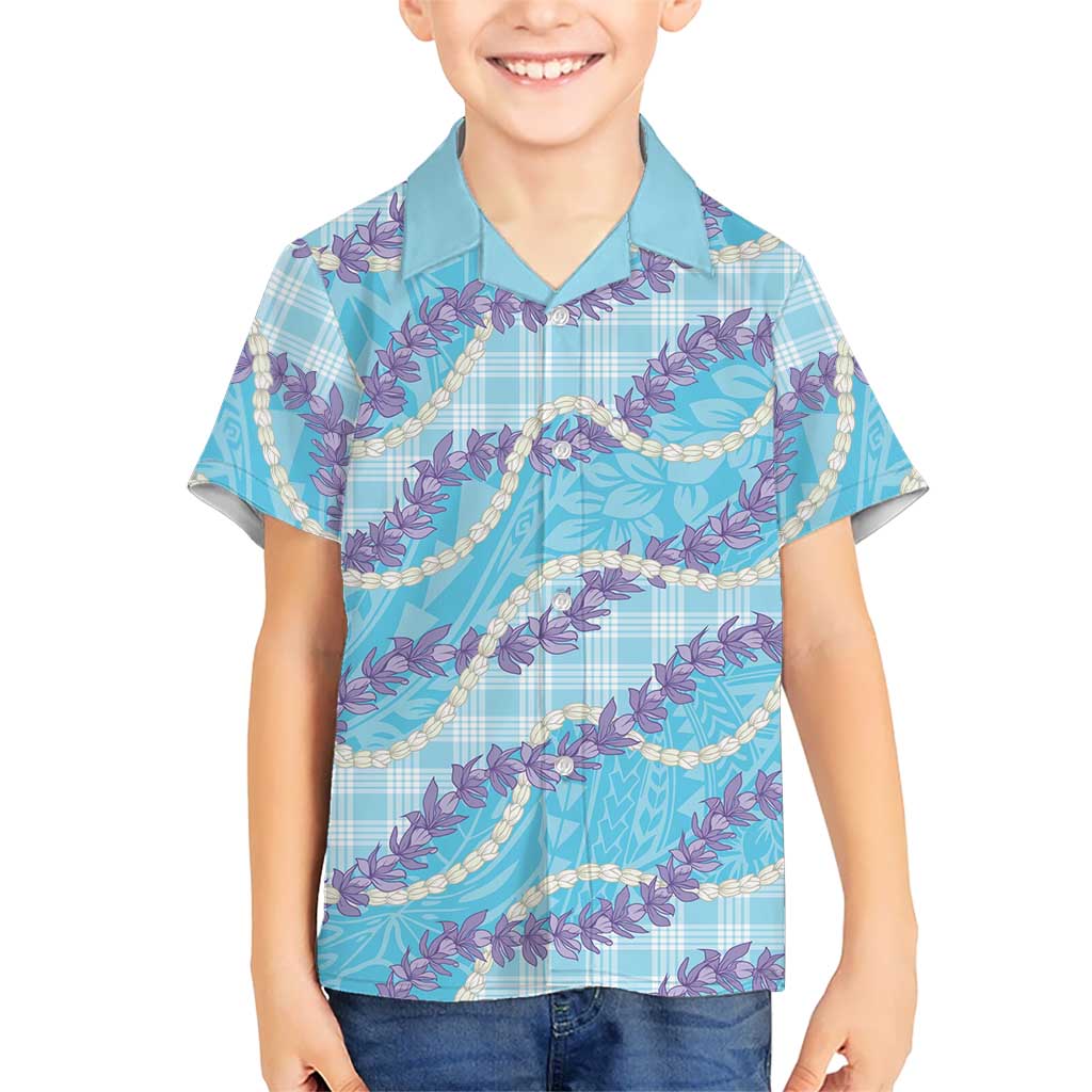 Blue Hawaii Palaka Honohono Pikake Kid Hawaiian Shirt Hawaiian Orchid Lei Polynesian Pattern - Polynesian Pride