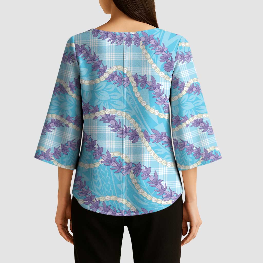 Blue Hawaii Palaka Honohono Pikake Kimono Sleeve Blouse Hawaiian Orchid Lei Polynesian Pattern - Polynesian Pride