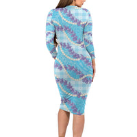 Blue Hawaii Palaka Honohono Pikake Long Sleeve Bodycon Dress Hawaiian Orchid Lei Polynesian Pattern - Polynesian Pride