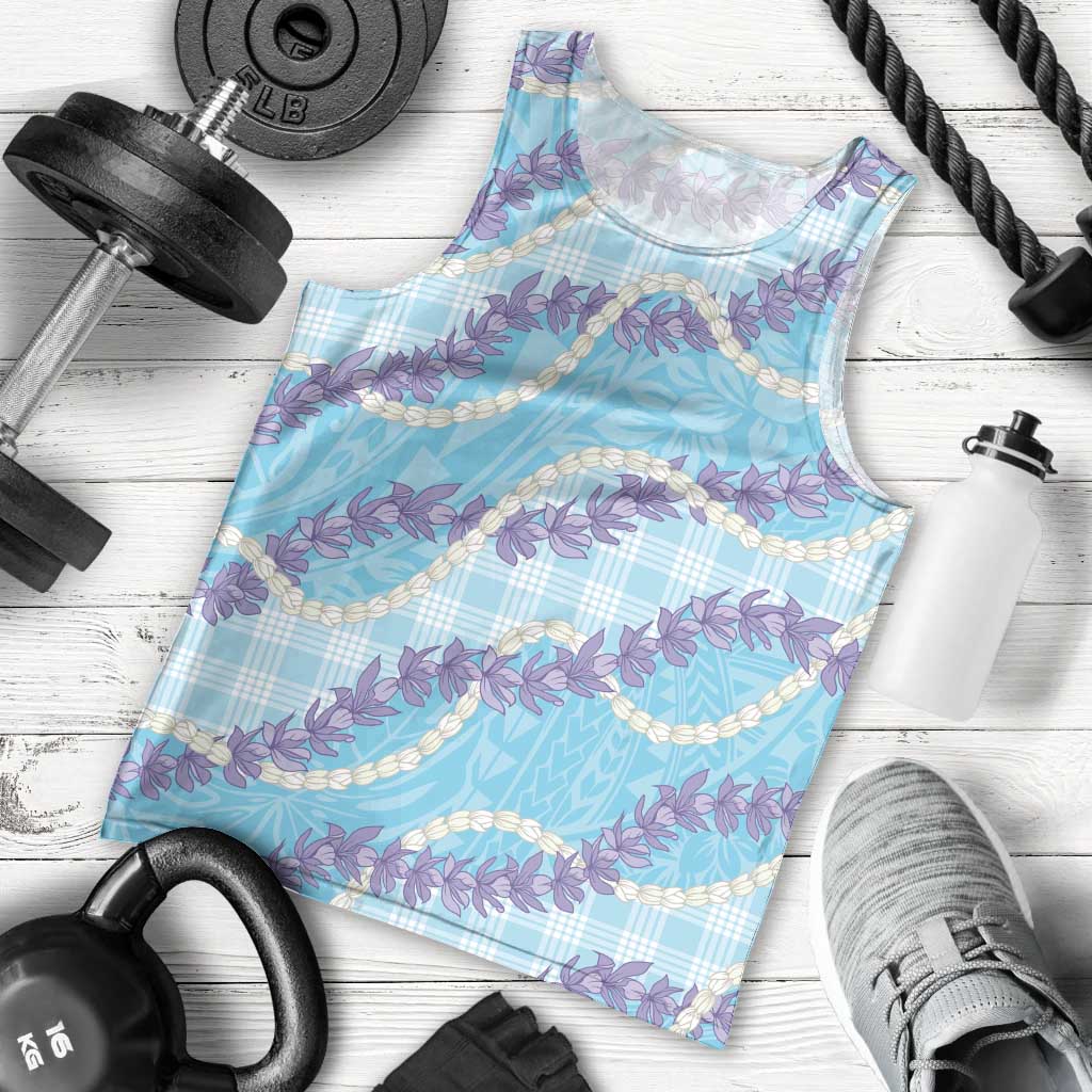 Blue Hawaii Palaka Honohono Pikake Men Tank Top Hawaiian Orchid Lei Polynesian Pattern - Polynesian Pride
