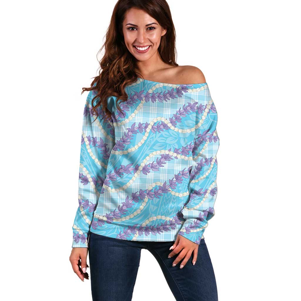 Blue Hawaii Palaka Honohono Pikake Off Shoulder Sweater Hawaiian Orchid Lei Polynesian Pattern - Polynesian Pride