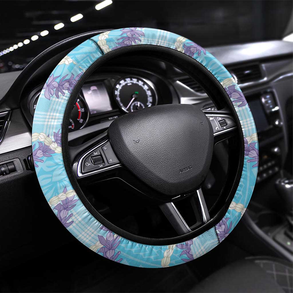 Blue Hawaii Palaka Honohono Pikake Steering Wheel Cover Hawaiian Orchid Lei Polynesian Pattern - Polynesian Pride